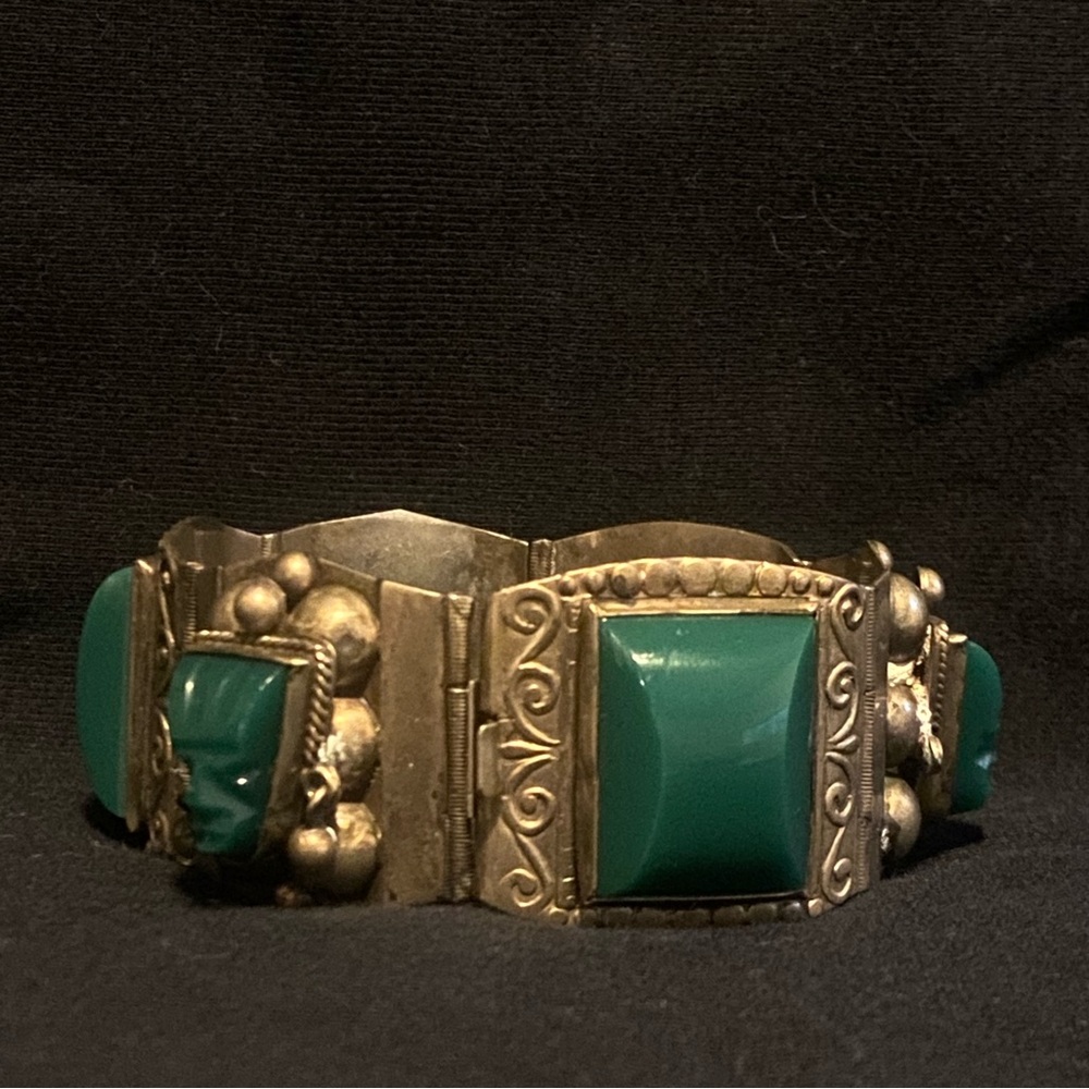 Vintage/Taxco/Mexico/925 Sterling Panel Bracelet Green Stone Aztec Style 71.9g